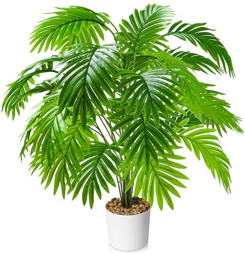 Plantas artificiales de 75 cm, palmera tropical falsa con 24 hojas, plantas artificiales realistas en maceta para decoración del hogar y la oficina, gran vegetación flexible para interiores y