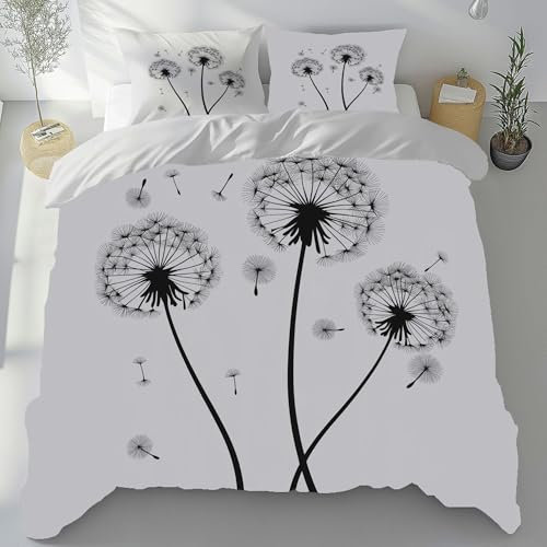 Tyafsgvqo Schwarz Weiß Bügelfreie Bettwäsche 3 Teilig, Löwenzahn Blumen Muster Bettbezug 135x200 cm, Pflanzen Pusteblume Bettwäsche Set Weich Atmungsaktiv, Wendebettwäsche mit 2 Kissenbezug 80x80 cm