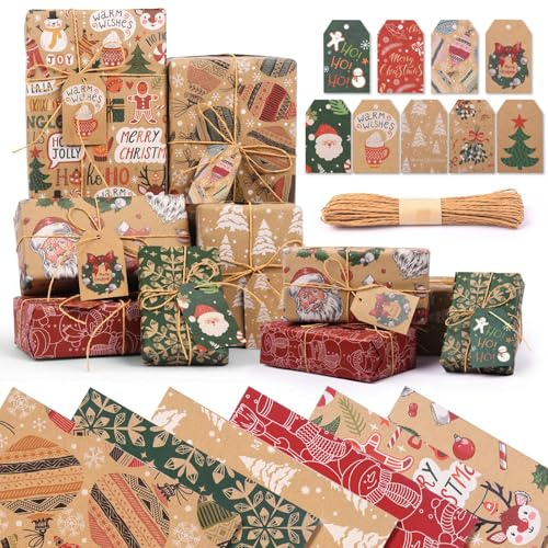 AhfuLife 12 Blatt Weihnachts Geschenkpapier, 70x50cm Weihnachtspapier Recycelbare Kraftpapier mit 6 Vintage-Motiven und 9 Geschenkanhänger Packseil für Zarte Weihnachtsgeschenkpapier Heiligabend Xmas