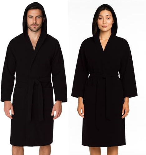 Jenny Sesal - Accappatoio Uomo e Donna in Microfibra Morbido, Leggero, Salvaspazio, a Rapida Asciugatura con Cappuccio, Tasche, Cintura a Passanti e Gancio (IT, Testo, L, Regular, Regular, Nero)
