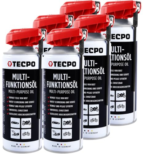 TECPO Multifunktionsöl 6x 400ml Multifunktionsspray Schmiermittel Sprühöl Rostlöser Kriechöl mit klappbarem Sprührohr schmiert, schützt, reinigt, fettet mit Verschleiß- und Korrosionsschutz
