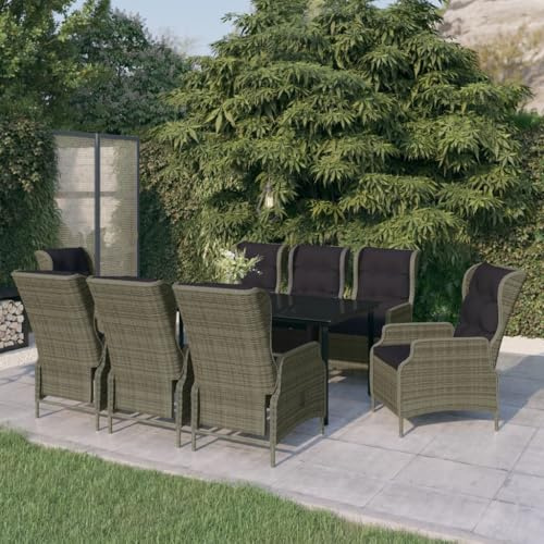 Mandloder 9-TLG. Garten-Essgruppe, braunes PE-Rattan, Glasplatte, verstellbare Stühle, Outdoor Möbel Set für Terrasse, Balkon, Garten