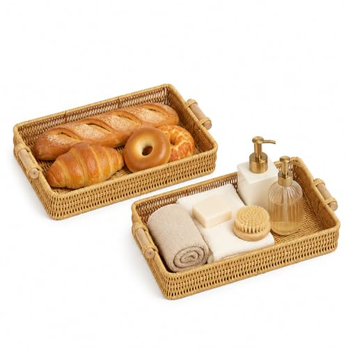 2-Pack Large Rectangular Faux Rattan Serving Tray with Wooden Handles – Durable Woven Plastic Style for Kitchen, Dining, Picnics & Decor, Easy to Clean