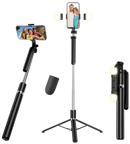 Selfie Stick Tripod with 2 Fill Light, Wireless Remote Control 360°Rotatable All-in-One Portable 180cm Extendable Cell Phone Tripod Stand, Selfie Stick for iPhone/Samsung/Smartphone/Camera