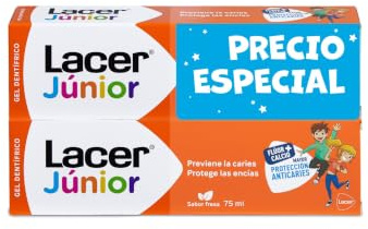 LACER JUNIOR - Gel Dental Pack 2 x 75 ml Sabor Fresa, Pasta de Dientes para Niños a partir de 6 Años - Previene la Caries - Fórmula de Flúor Más Calcio - Cuida los Dientes de Leche