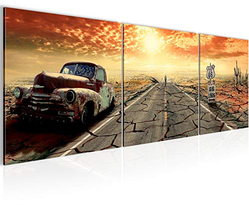 Runa Art - Bilder Auto Route 66 120 x 40 cm 3 Teilig Wandbild auf Vlies Leinwand Orange Beige Mehrteilig Modern 600333a