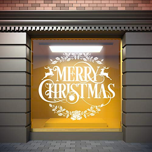 Vinilo Para Escaparates Decoración Navidad Merry christmas ciervos | 100 cm de largo x 100 cm de alto | Vinilo Adhesivo | Decora tu escaparate | Pegatinas Adhesivas Escaparate | Vinilos para negocios