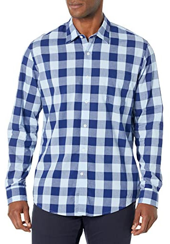 Amazon Essentials Men's Slim-Fit Long-Sleeve Poplin Shirt, Blue Buffalo Check, L