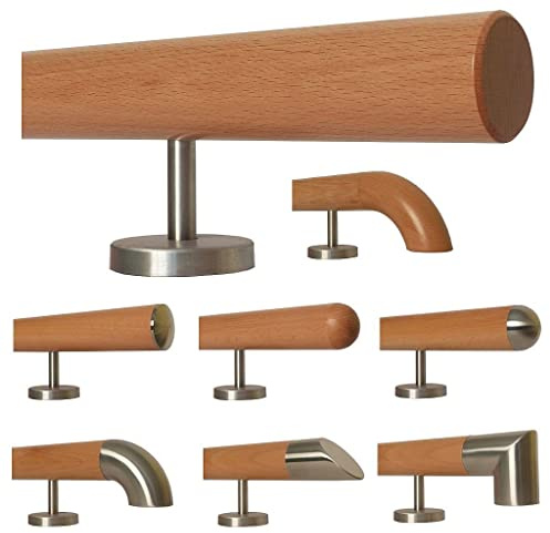 TIBU Buche Holz Handlauf für Treppe Geländer gerade Edelstahlhalter, Länge 30-500 cm aus einem Stück/zum Beispiel Länge 40 cm mit 2 gerade Halter und Enden gefast