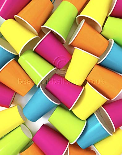 Beautiful Balloons 35 x Neon Rainbow Paper Party Cups - Fluorescent Disco 80s