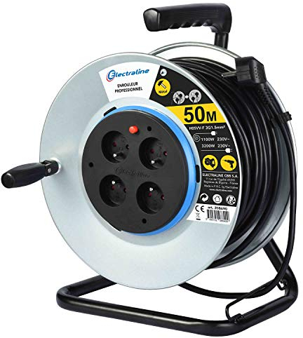 Electraline 208690 208690-Prolunga elettrica in Metallo, 50 m, 4 Prese con Guida per Il Cavo, Piastra Fissa e Impugnatura ergonomica, Grigio