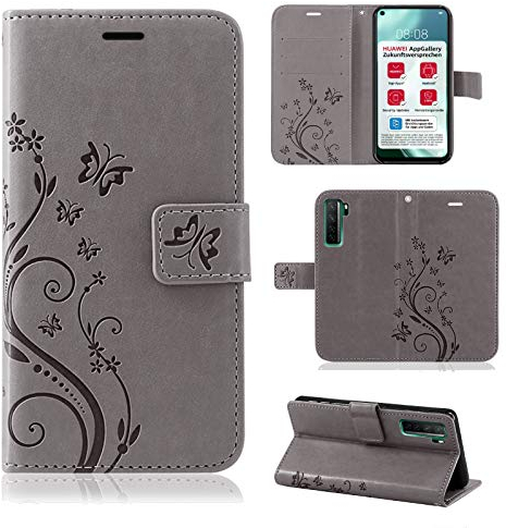 betterfon Hülle Kompatibel mit Huawei P40 Lite 5G | Premium PU Leder Handyhülle Wallet Case für P40 Lite 5G | Schutzhülle Blumen Klapphülle Handyhülle | Grau