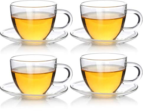 Dimono Tee Set mit Untertasse 80 ml Espresso Gläser aus extrem Hitzebeständigen Borosilikatglas Teegläser mit Unterteller für Tee & Espresso (4 Stück)