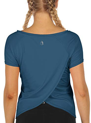 icyzone Damen Sport T-Shirt Kurzarm Yoga Top Schnell Trocken Elastisch Fitness Gym Oberteile (L, True Blue)