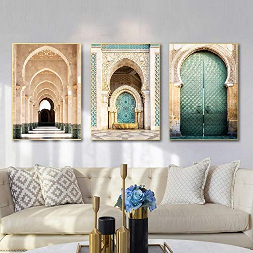 OKYQZ Marokkanischer Bogen Leinwand Poster Wandkunst Gemälde Bild Allah Muslim Wanddruck Moschee Poster Dekoration 50 x 70 cm x3 Rahmenlos