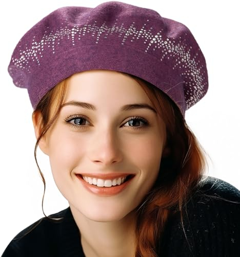 LADYBRO Strass Barett Hüte für Damen 2 Schichten Wolle Französische Hut Dame Winter Schwarz Rot, Violett-43802., Einheitsgröße