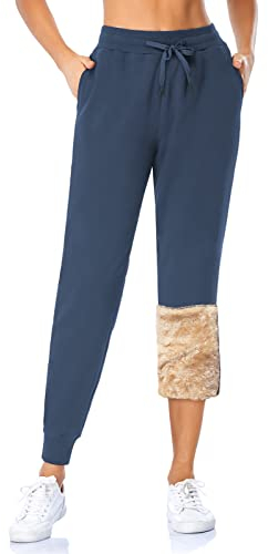 MOVE BEYOND Donna Pantaloni da Jogging in Felpa con Fodera di Sherpa Calda con 2 Tasche Athletic Fleece Pantaloni da Jogging con Coulisse, M, Blu, Fodera in Pile