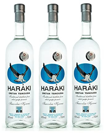 Haraki von Kreta 3x 700ml 40% Raki Tsikoudia - 100% Destillat - beliebter griechischer Trester ohne Anis im 3er Set + 2x10ml Olivenöl