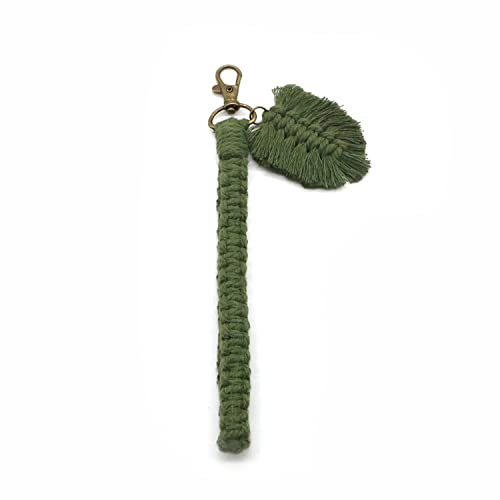 Boho-Schlüsselanhänger, Armband, handgefertigt, Makramee-Armband, Schlüsselanhänger, Handgelenk, Schlüsselband, Schlüsselanhänger für Damen, mit Blätter-Anhänger, armee-grün, One size