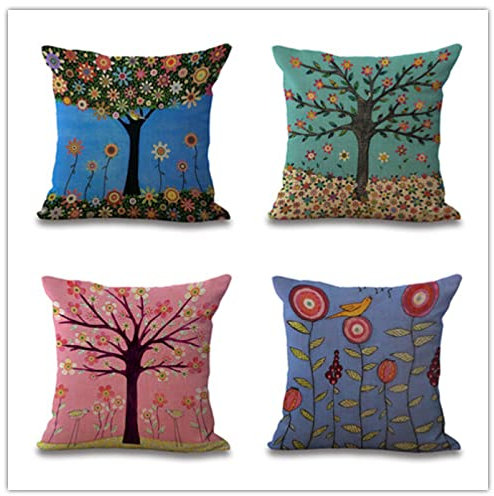 Cushion Covers Lilac Blue Pink Outdoor Cushions Pillow Cases Cotton and Linen Garden Cushions Pillowcase with Invisible Zipper Cushion Cover for Livingroom Sofa Bedroom 80x80cm/4 Pieces