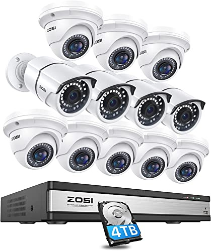 ZOSI 4K PoE Security CCTV Camera System, 12pcs 5MP Outdoor PoE IP Cameras | IP66 Weatherproof Wired PoE Cameras, 80ft IR Night Vision, Motion Detection, 16 Channel H.265+ 8MP CCTV PoE NVR with 4TB HDD