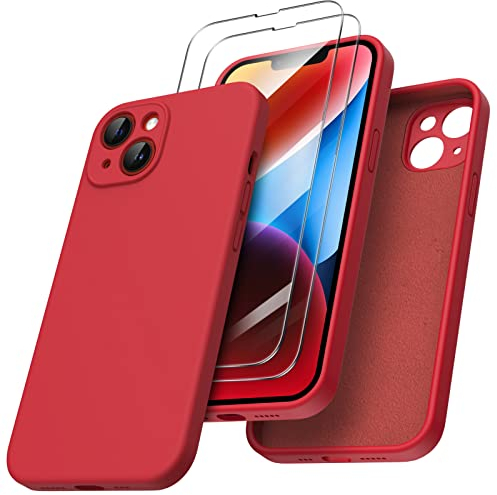 ORNARTO Funda Compatible con iPhone 14 6,1, con 2 x Protector Pantalla,Silicona Liquida Carcasa Protectora[Protección de Cámara],Antigolpes Case para iPhone 14,Rojo