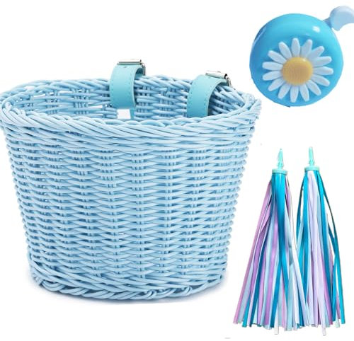 Fahrradkorb für Kinder, Fahrradkorb, Fahrradzubehör, 1 x Fahrradklingel mit Aufklebern, 1 x Kinderfahrradkorb und 1 Paar bunte Bänder, Quasten-Dekoration für Mädchen und Jungen (blau)