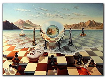 GEMMII Leinwandbilder Fertig zum Aufhängen Salvador Dali Abstract Weird Painting Surrealism Chess Mask On Sea Poster Print Wall Art for Home Wall Decor 29.7x42cm Rahmen
