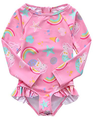 Aisyee Baby Swimsuit Girls Long Sleeve Kids Baby One Piece Hawaii Ruffle Swimwear Baby Swimsuit Girls 6 Months - 4 Years, Pink mermaid, 2-3 Years