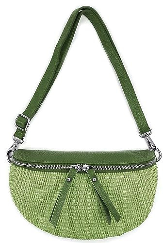 ITALYSHOP24 Made in Italy Damen Leder Tasche Basttasche Schultertasche Gürteltasche Sommer Strandtasche Crossbody Bauchtasche Umhängetasche Cross-Over Bodybag Handytasche Geflochten Bast Abendtasche