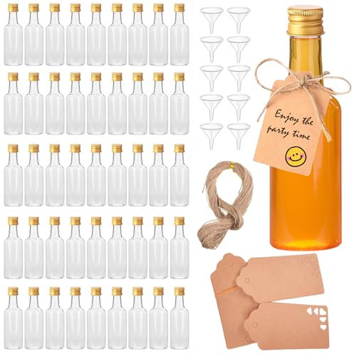Voittozege 100 Pcs Mini Liquor Bottles Set 1.7oz Mini Empty Plastic Alcohol Shot Bottles Airtight Spirit Bottle with Caps 10 Pcs Funnels 100 Pcs Kraft Tags and 65 ft Rope for Wedding