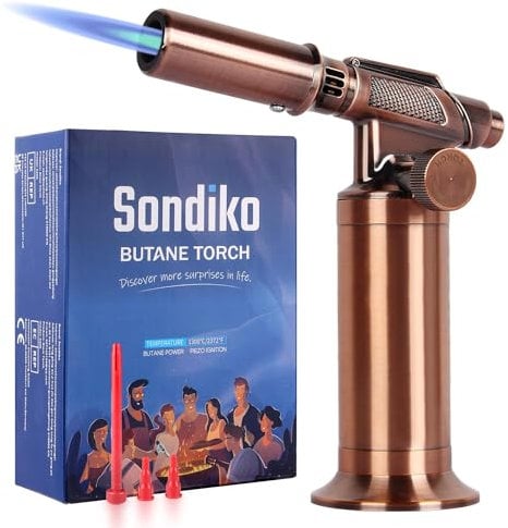 Sondiko Flambierbrenner, Hochwertiger Metall Bunsenbrenner mit Großer Flamme, Nachfüllbarer Lötbrenner mit Einstellbarer und Windbeständiger Flamme zum Kochen, Grillen (Butan nicht Inbegriffen)