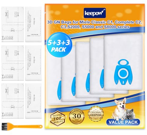 KEEPOW 5 sacchetti per aspirapolvere Miele Complete C3 C2 C1, Classic C1, S2 S5 S8 Series, GN 3D Efficiency sacchetti per aspirapolvere, con 3 set di filtri, 1 spazzola per la pulizia