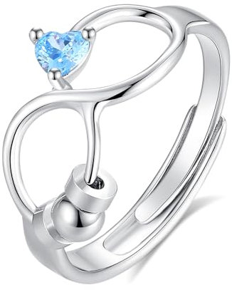INFUSEU Anxiety Ring, Fidget Angstring Anti Stress Blauer Zirkon Ringe Verstellbar Bead Einstellbare Spinner Worry Schmuck Anxiety Ring Geschenk für Frauen Damen Mädchen