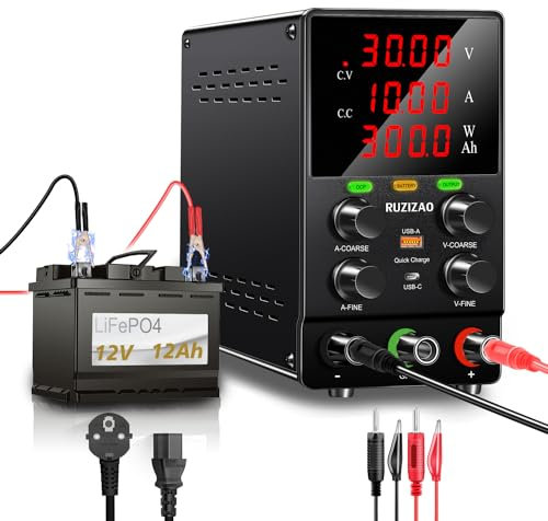 RUZIZAO Fuente de Alimentación Regulable 30V 10A DC Fuentes de Alimentación de Laboratorio Fuente de Alimentacion de Banco Ajustable con Botón de Carga de Batería, Función OCP, Interruptor de Salida