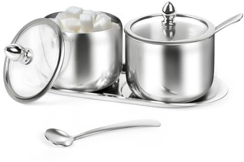 Zuckerdose aus Edelstahl mit Tablett, Zuckerbehälter mit Glasdeckel und Löffel für Kaffeebar, Zubehör, Aufbewahrung für braunen Zucker, Salz, Tee, Kaffeebohnen, Zuckerwürfel, Silber, 2 Stück