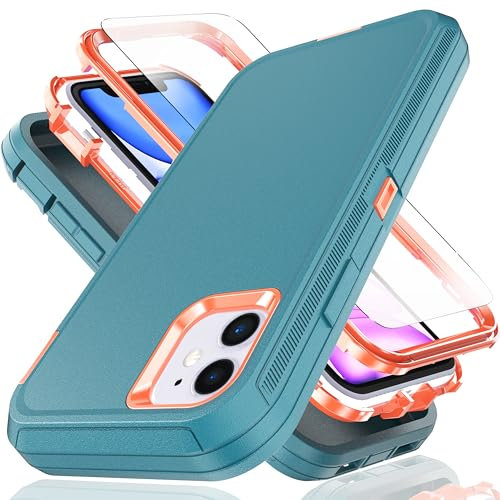YmhxcY for iPhone 11 Case 6.1-Inch with Explosion-Proof Screen Protector,3 in 1 Shockproof TPU Hard PC Bumper Drop-Proof Shell for iPhone 11-Blue/Orange