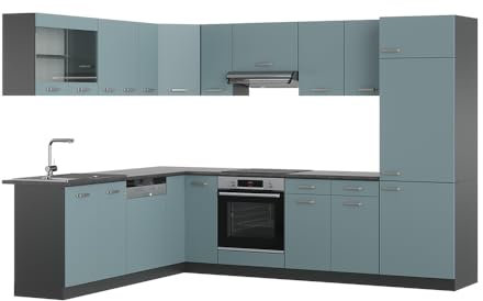 Vicco Eckküche R-Line, Küchenzeile in L-Form, Blau-Grau/Anthrazit, 227 x 287 cm, AP Anthrazit
