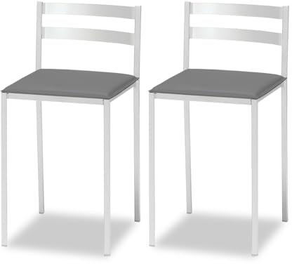 ASTIMESA 2 Taburetes de Cocina con Respaldo bajo, Franjas horizontales y Asiento tapizado - Estructura Color Blanco - Asiento en Polipiel Grafito
