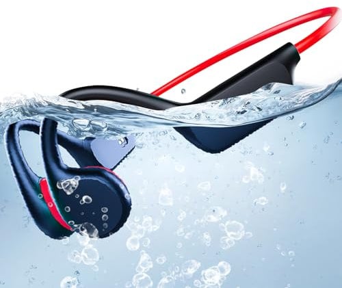 Waterproof Headphones Swimming, IPX8 waterproof earphones swimming Wireless Bluetooth 5.3 Bone Conduction Headphones Waterproof, Comes with 32 GB Swimming MP3 player for Running Earphones (Red)