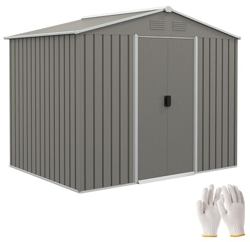 Outsunny 7.7 x 5.7ft Metal Garden Shed with Ventilation Slots and Sliding Doors, Galvanised Outdoor Tool Storage House, Light Grey