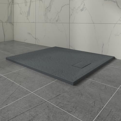 Aquariss Anthracite Rectangular Shower Tray Slate Effect SMC Slip-Resistant Shower Base for Bathroom Enclosures 1000x900mm with Waste