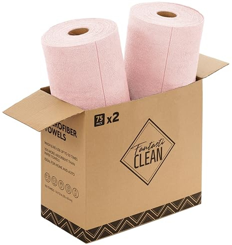 Fantasticlean Microfiber Cleaning Cloth Roll -150 Pack, Tear Away Microfiber Towels, 12 x 12, Reusable Washable, Ultra Absorbent Dish Rags for Car, Home, Garage or Shop (2 Rolls of Pink)