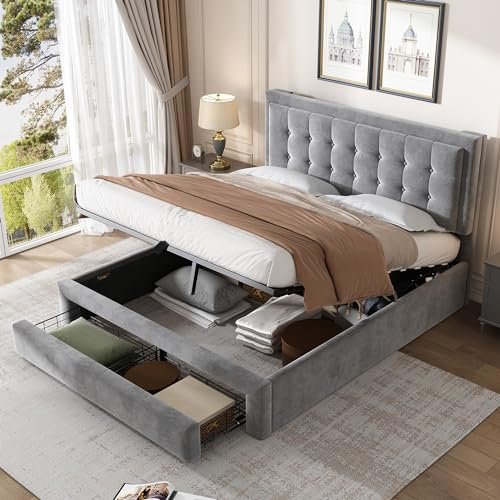 MYBOO Upholstered Ottoman Bed with Hydraulic Lever&Drawer, 4ft6 Double Bed Frame with Height-adjustable Headboard&Wooden Slats, Velvet Fabric Lift Up Upholstered Storage Double Bed, No Mattress, Grey