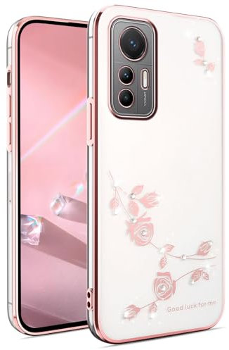 BORYA Cover per Xiaomi 12 Lite 5G, Ultra Sottile Antiurto Trasparente Morbida TPU Silicone Custodia, Placcatura Elegante Brillante Diamante Fiori Carino Caso, Rosa