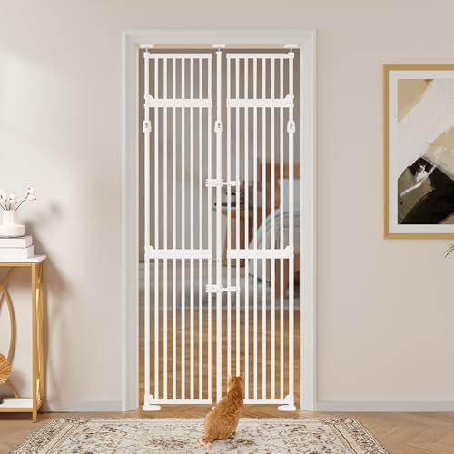 unipaws 218 cm Extra Tall Pet Gate, Adjustable Tall Cat Gate with Narrow Gap, Upgraded with 3 Support Rods & Double Lock, Pressure Mounted, Extendable 218-250cm H*89-96cm W, No Drilling for Doorways