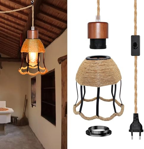 Lustre Corde de Chanvre avec Prise, 5M Câble, Douille E27 avec Interrupteur et Noir Forme de Fleur Abat Jour, Corde Lampe Suspension avec Prise, Suspension Luminaire Corde, Sans Ampoule