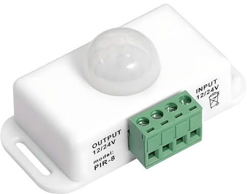 Clearhill Interruttore sensore di movimento PIR bianco per luci LED, DC 12V, DC 24V rilevatore di movimento a infrarossi, timer di ritardo regolabile, ON/OFF automatico per strisce LED, Controller di