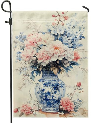 Gartenflagge Frühling Sommer Blumen Pfingstrose Pfingstrose im blauen Topf Gartendekoration Gartenflagge beidseitig für Gartendekoration im Freien 30,5 x
