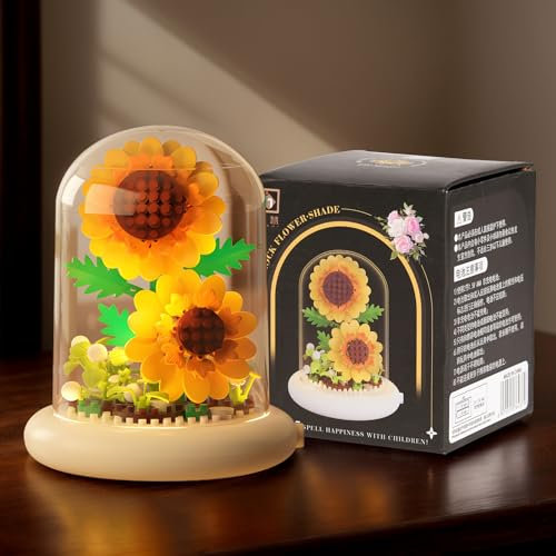 Sonnenblumenstrauß Bauset mit LED-Beleuchtung - Botanische Sammlung Bausteine Set, Mini Steine mit Abdeckung, Geburtstag für Erwachsene, Freundin, Ehefrau, Frauen (Sonnenblume)